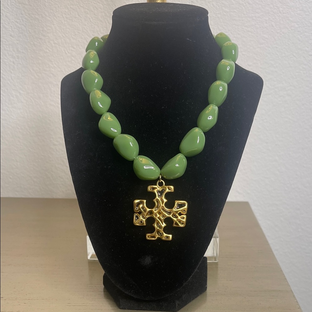Tory Burch Green Beaded Necklace with Gold Cross Pendant